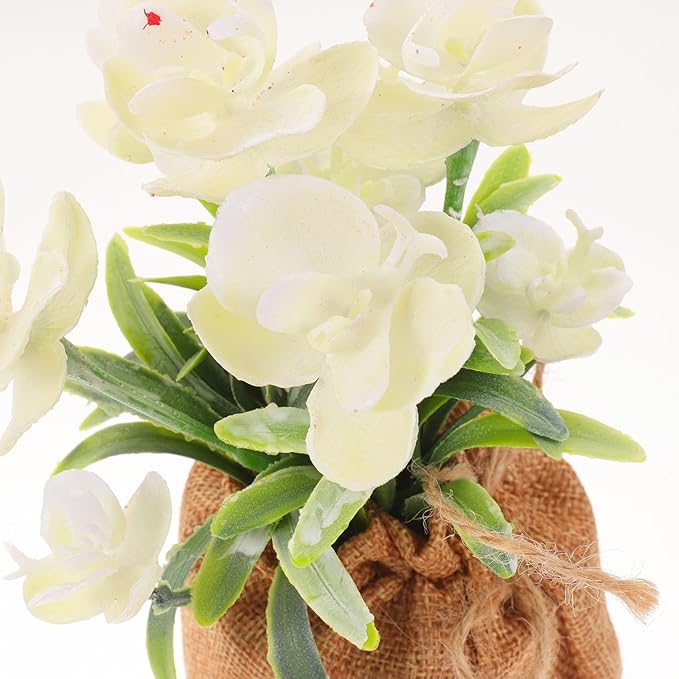 SHINEOFI Artificial Phalaenopsis Orchid Bonsai Fake Flowers Potted Faux Orchid with White Spray and Jute Bag Home Decoration Desktop Accent for Living Room and Office
