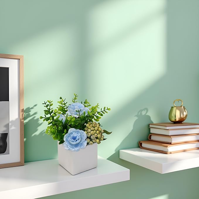 LADADA Artificial Blue Peony Flowers with Eucalyptus and Green Berries in White Square Vase - Fake Floral Arrangement for Home Decor, Table Centerpiece, Bathroom, Office, Wedding, Farmhouse Decor