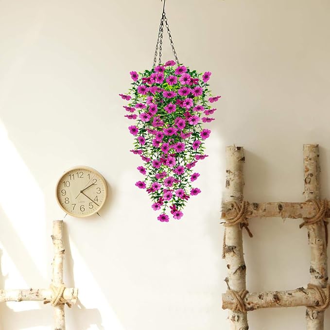 4 Pcs Fake Outdoor Artificial Flowers For Outdoors Uv Resistant, Plastic Flowers For Outdoors, Fake Hanging Plants Faux Flowers For Outdoor Planters, Silk Spring Flowers For Outside Porch（Purple ）