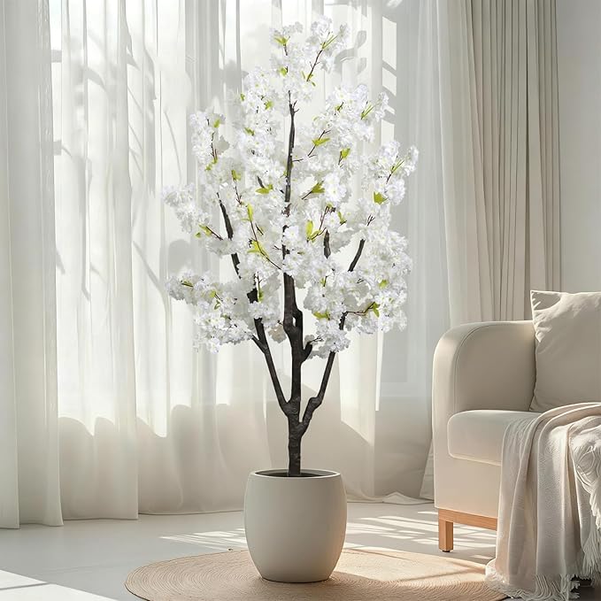 Faux White Cherry Blossom 6ft(72in) Artificial Floor Green Plant for Indoor Decor Natural Potted Tree with Texture Flowers Realistic Wood Trunk for Home Living Room,Office Perfect Housewarming Gift