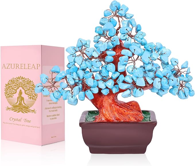 Feng Shui Quartz Crystal Money Tree Bonsai Style Decoration for Luck and Wealth (Blue)