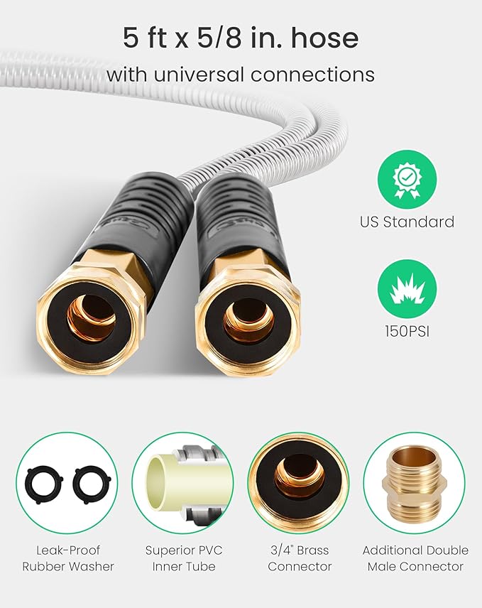 Cesun Short Garden Hose 5 ft with Female to Female Connector, Small Metal Leader Hose, Drinking Water Hose, Flexible, Lightweight Stainless Steel Water Pipe for RV, Outdoor, Yard, 5ft x 5/8"