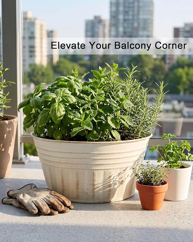 vensovo 10 Inches Beige Metal Rustic Plant Pots - 4 Pcs Large Shallow Galvanized Planters with Drain Hole and Rubber Plug, Rustproof Tin Bucket Succulent Pot Indoor Farmhouse Vintage Style for Decor