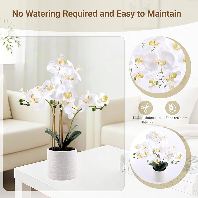Artificial Orchid Flowers Fake Phalaenopsis Plant in Pot, 23" Tall Faux Orchids for Home Decor Indoor, Lifelike Silk Flowers for Centerpieces Office Arrangement-White