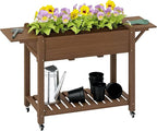 Outsunny Raised Garden Bed, 57 x 20.5 x 34 in Wood Elevated Planter Box with Lockable Wheels, Side Tables and Bottom Shelf, Outdoor Raised Planter with Bed Liner and Drainage Holes, Carbonized