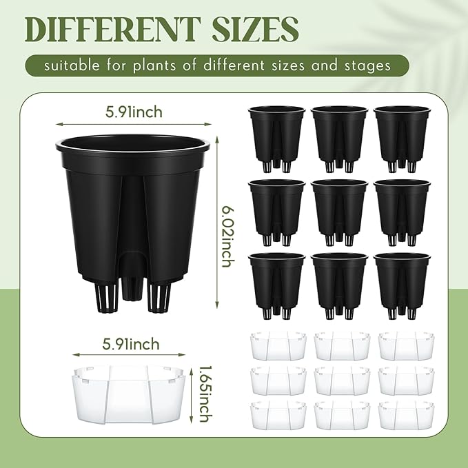 Wonderjune Self Watering Pots for Indoor Plants with Deep Reservoir and High Drainage Holes for Outdoor Plants and Flowers, Bare Root Planter(5.91'',Black,9 Pcs)