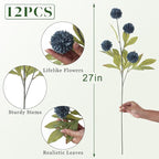 VIERENA 12 Pcs Faux Silk Pompon Mum Artificial Flowers for Vase -27", Bulk Fake Chrysanth Branches with Stems for DIY Bouquet Centerpieces Wedding Fillers Arrangements Shower Decorations (Dark Blue)