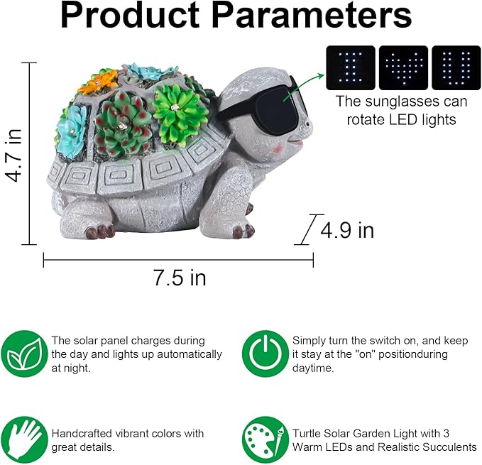 Unique Solar Garden Turtle Statue with I Love You LED Sunglasses and Succulent LED Lights, Lawn Decor Tortoise Figurine for Patio, Balcony Yard Ornament for Mom, Women & Grandma