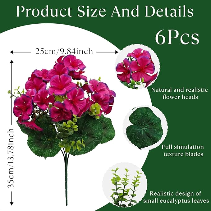 Artificial Geranium Flowers for Outdoor Decoration, 6 Bundles UV Resistant Silk Geranium Fake Plants Faux Flowers for Front Porch Garden Patio Window Box Outside Indoor Decor (Purplish Red)