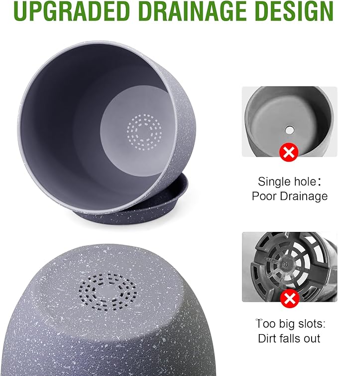 WSMKSZ 10/9/8 inch Plant Pots, Set of 3 Modern Decorative Plastic Planters with Drainage Holes and Saucers for Garden House Plants, Flower Pots for Indoor Outdoor Plants, Speckled Grey