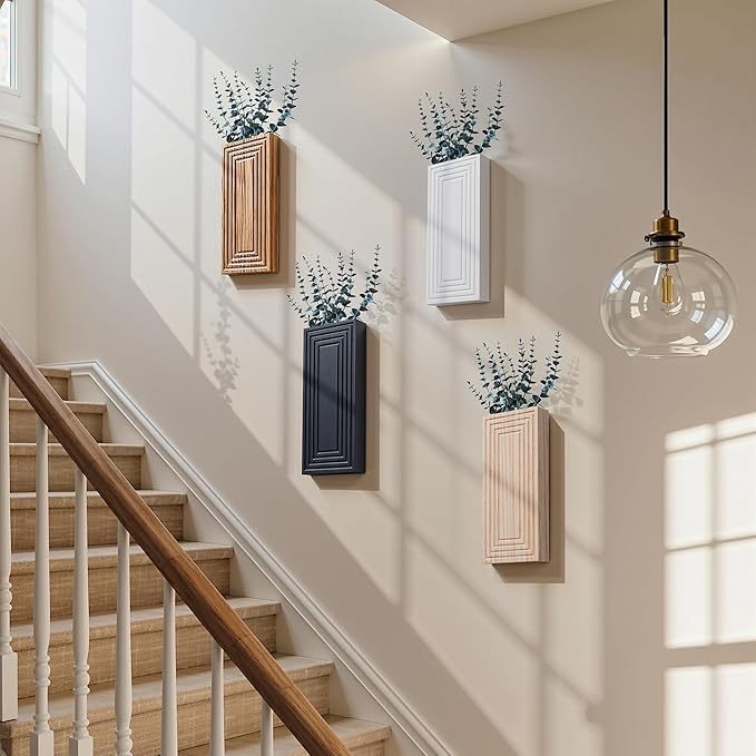 Wooden Wall Planter Vase, 2 Pack Brown Wood Hanging Vases with Fake Eucalyptus for Indoor Modern Boho Farmhouse Wall Art Decor for Home Indoor Kitchen Modern Farmhouse Bathroom