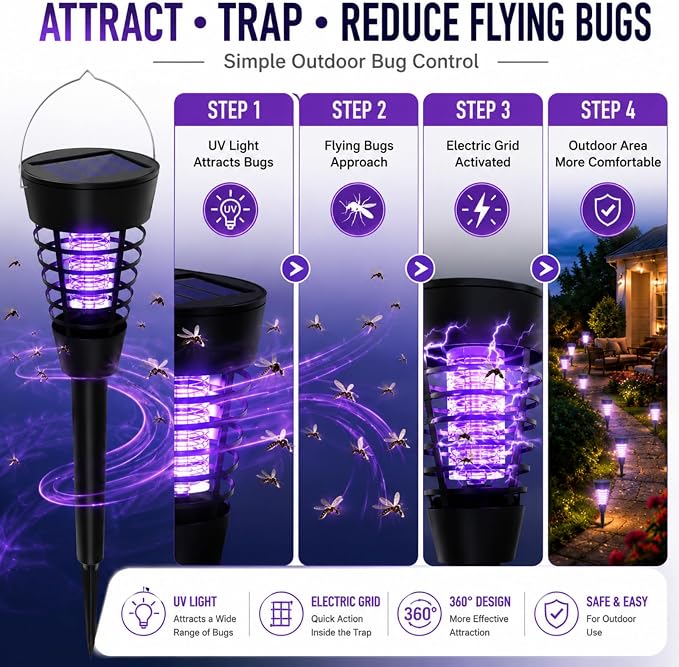 4 Pack Solar Bug Zapper Outdoor Waterproof Solar Powered Mosquito Zapper Repellent Outdoor Patio,Cordless & Auto On/Off Trap Light with Hook for Small Fly Zappers for Garden Backyard Gnat for Outside