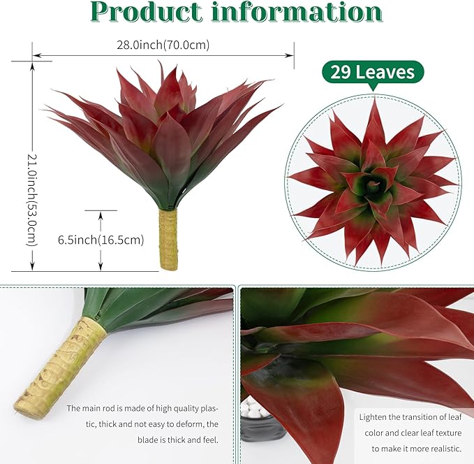 2 Pack Artificial Fall Agave Plants 28 Inch Large Size Faux Succulent Stems Outdoor Decorating Realistic UV Resistant Tropical Plant Plantas Artificiales Decorativas Grandes - 29 Leaves, Red