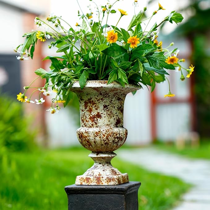 9 Inch Small Retro Urn Planter - Vintage Distressed Tabletop Flower Pot for Indoor Plants, Office Desk, Living Room Shelf & Patio Decor
