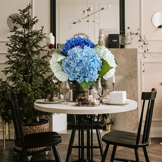 ZYTUYO 4 Pcs Real Touch White/Light Dark Blue Hydrangeas Artificial Flower 21'' Realistic Faux Latex Hydrangeas Flower for Home Decor Kitchen Living Room Spring Table Wedding Xmas Arrangement