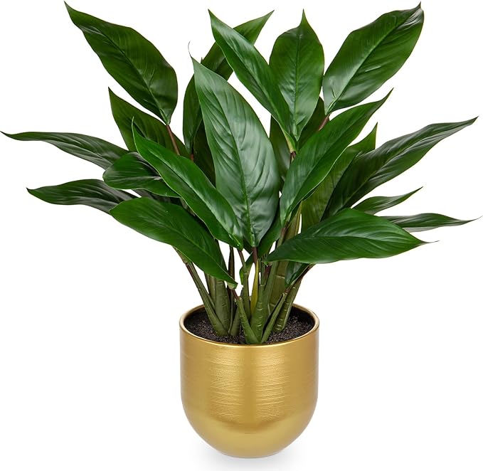 GnFlus Fake Plants 17'' Faux Plants Artificial Potted Plants Indoor Realistic Fake Cast Iron Plant Artificial Plants with Gold Pot for Home Office Farmhouse Kitchen Bathroom Table Shelf Decor