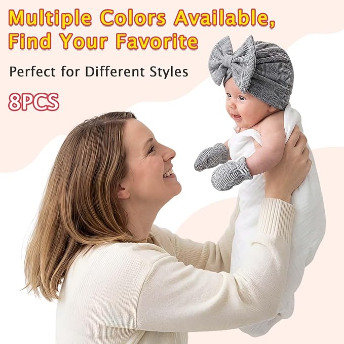 8 Sets Newborn Baby Girl Hats & Mittens, Cotton Preemie Hospital Bow Cap, No Scratch Gloves,Infant Beanies 0-3 Months