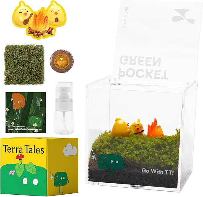 DIY Moss Terrarium Kit, 4 * 4 * 4 inch Acrylic Cube Mini Garden with Live Star Moss, Soil, Enjoy Now-Craft Kit for Adults and Teens, Relaxing Desk Decor & Unique Gift for Home or Office