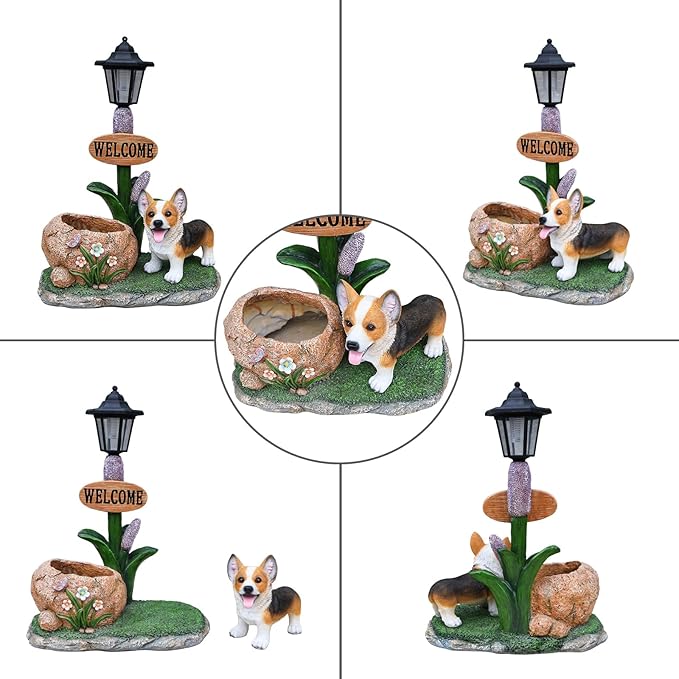 Animal Outdoor Statue Planter Solar Light Welcome Garden Sculpture Resin Flower Pot Decorative Porch Patio Yard Lawn Entryway Figurine with LED Lamp Rustic Plant Holder Ornament Courtyard (N)