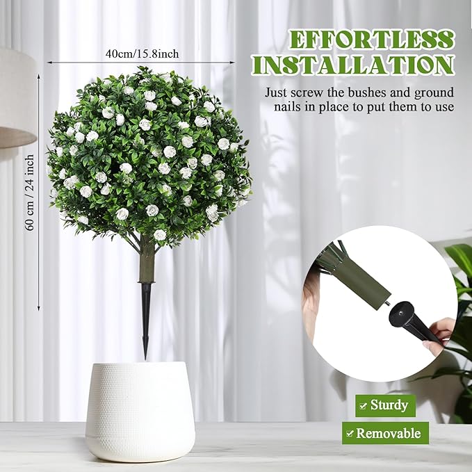 Lunmon 2 Pack 24" Artificial Topiary Ball Plants Trees with Flowers, Outdoor Fake Topiary Plants with Ground Spike, UV Resistant Faux Bushes for Indoor Outdoor Front Door Decor (White,Rose)