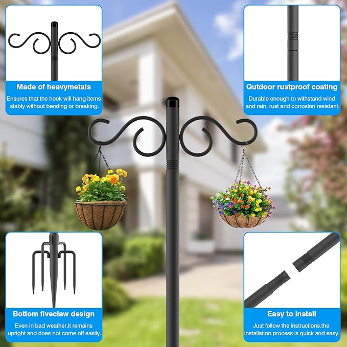 NUERPO Adjustable Shepherd Hooks for Outdoor,4 Pack 90 Inch 5 Prong Base Bird Two Sided Feeder Poles,Heavy Duty Shepherds Hook,Suitable for Garden in Hanging Flower Basket,Lantern,Bird Nests