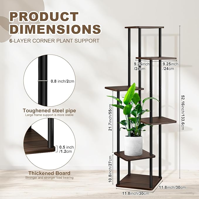 6 Tier Plant Stand Indoor, Thickened Metal Wood Corner Plant Shelf Stands for Multiple Plants, Indoor Tall Plants Stand Tiered Flower Holder for Living Room Patio Garden Balcony(Black+Oak)