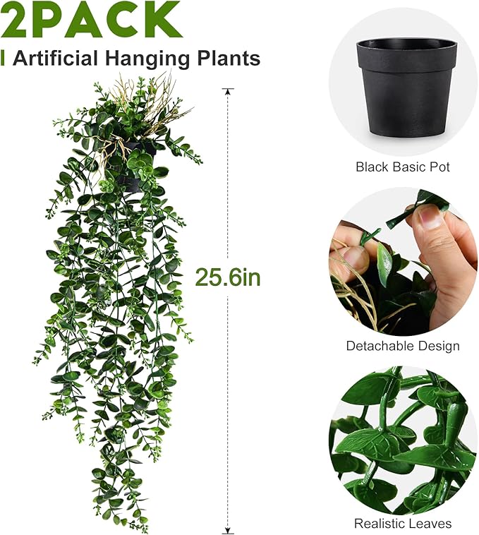 2 Pcs Faux Eucalyptus Vine Ivy Vine Artificial Hanging Plant Faux Plant Fake Potted Greenery for Wall Living Room Home Shelf Office Bathroom Outdoor Indoor Decor (Type 2)