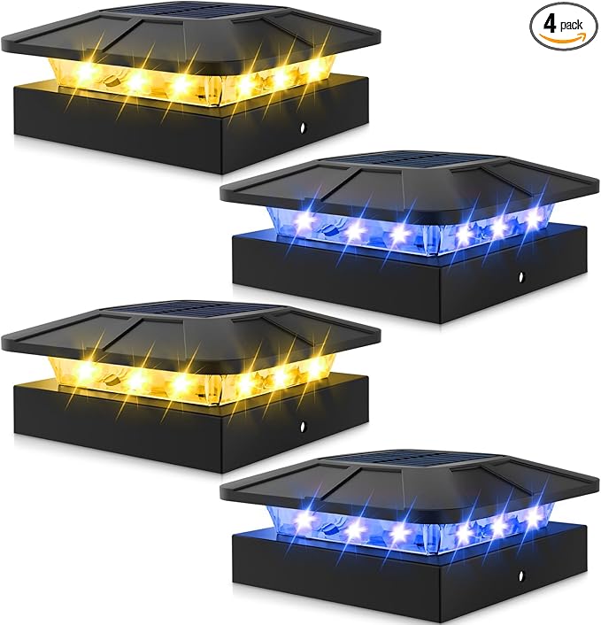 Peasur 4 Packs 4x4 Solar Post Lights Outdoor, Blue & Warm White LED Fence Caps Light Waterproof, Wood & Vinyl Post Top Lighting for Deck Mailbox Railing Porch Outside