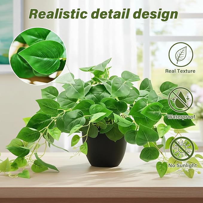 Tiita 2 Pack Fake Plants Artificial Scindapsus Aureus in Pots, Realistic Fake Greenery Potted Plants for Home Office Desk Window Sill Bathroom Bedroom Outdoor Indoor