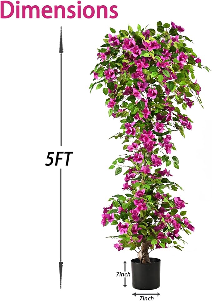 Artificial Bougainvillea Tree -5FT Faux Bougainvillea Tree with Realistic Flowers, Tall Fake Flower Tree for Indoor or Outdoor Decor, Silk Floral Plant for Living Room, Porch, Garden (Purple)