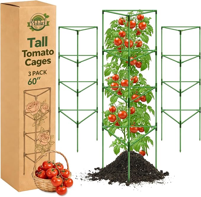 Halatool 3 Pack Tomato Cages for Graden 60 Inch, Adjustable Metal Tall Heavy Duty Tomato Trellis Plant Support, Foldable Tomatoes Stakes for Climbing Vegetables Flowers Fruits