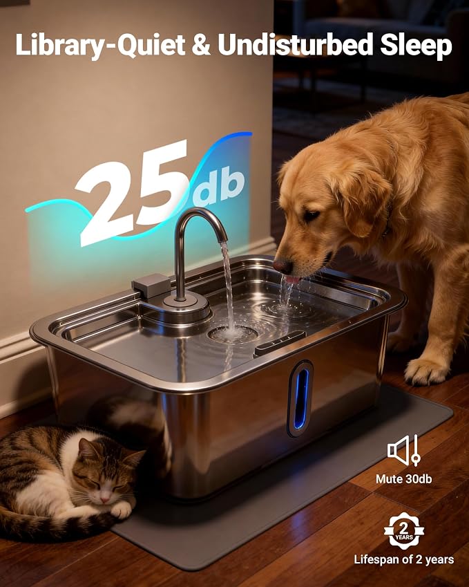 15L/4Gal Large Dog Water Fountain with Pet Feeding Mat & 3 Filters, Stainless Steel Pet Water Fountain for Dogs Cats, Dog Water Bowl Dispenser with Visible Window, Alert Light, Quiet Pump