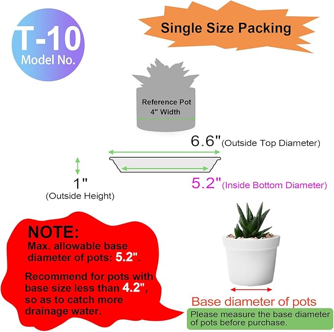 Plant Saucer 6.6 inch (5.2" at Base) Pack of 6, Thick Strong Durable Plastic Planter Water Catcher Trays for Pots Indoors Potted Flower Bottom Drainage Catch Plate Drain Drip Dish for Outdoor
