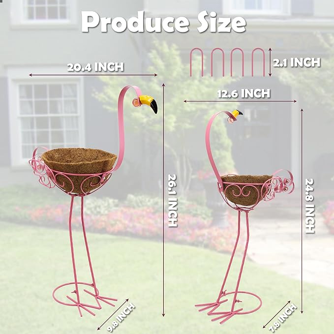 J-Fly Set of 2 Pink Flamingos Metal Potted Plants Holders with Coconut Flower Pots, Christmas Yard Flamingos Plant Stand Indoor & Outdoor, Floral Garden Christmas Decor, Flower Pots Stand Outdoor