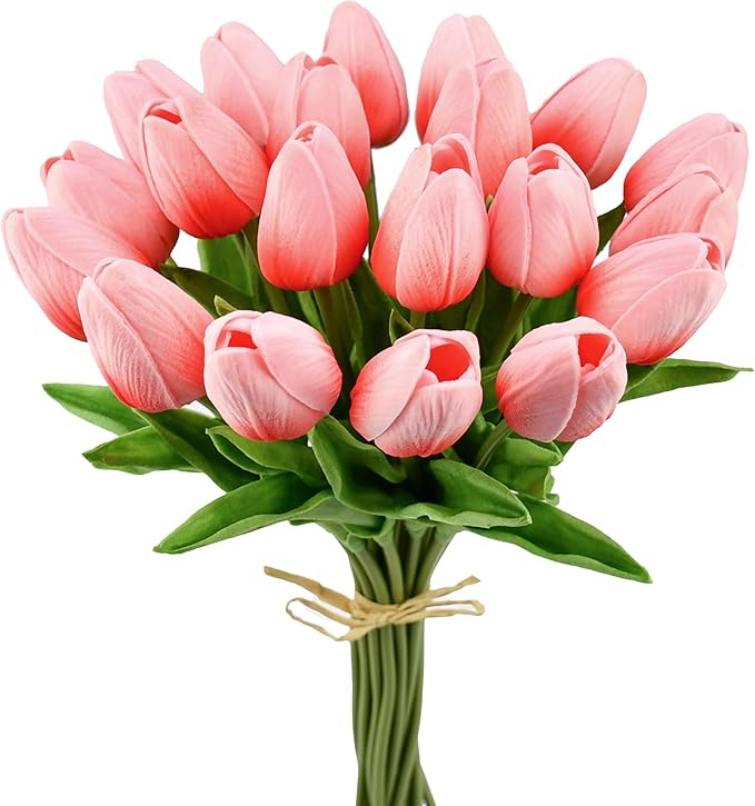 Mandy's Coral Artificial Tulips Flowers Centerpiece, 13.5" Lifelike PU Fake Floral Stems 20pcs for Kitchen Island & Dining Table, Spring Decor for Easter