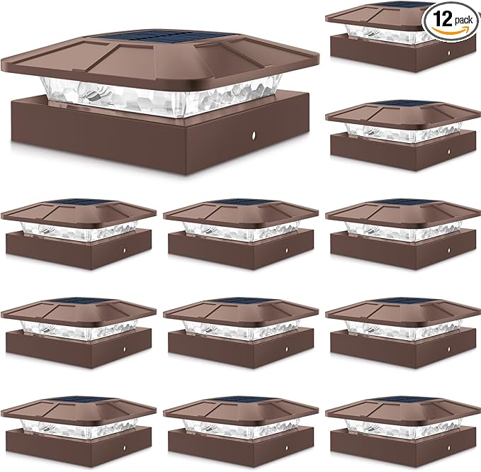 Peasur 12 Packs 4x4 Solar Post Cap Lights with 3 Lighting Modes, Brown Fence Caps Light Fits 4×4/3.5×3.5 Wood/Vinyl Posts, Waterproof Outdoor Post Top Lighting for Deck Mailbox Porch Railing