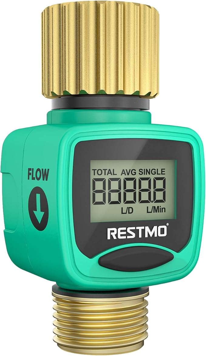 RESTMO Water Flow Meter with Brass Inlet & Outlet, Measure Gallon/Liter Consumption and Flow Rate for Outdoor Garden Hose Watering, RV Water Tank Filling, Lawn Sprinkler and Nozzle Sprayer
