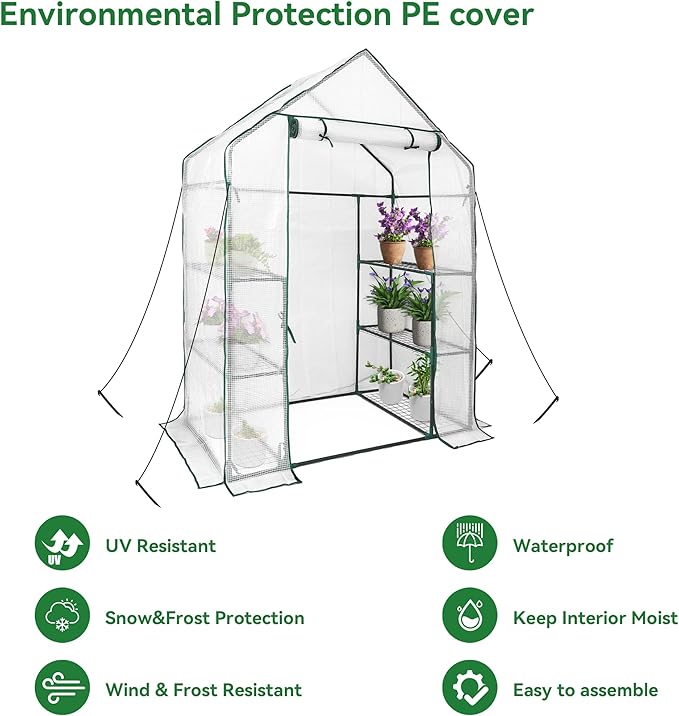 Heyfurni Walk in Greenhouse with 3 Tier 6 Shelves,2 More Bottom Shelves Reinforced Plant House, Growhouse/Green House for Outdoor,PE Cover 143x73x195cm