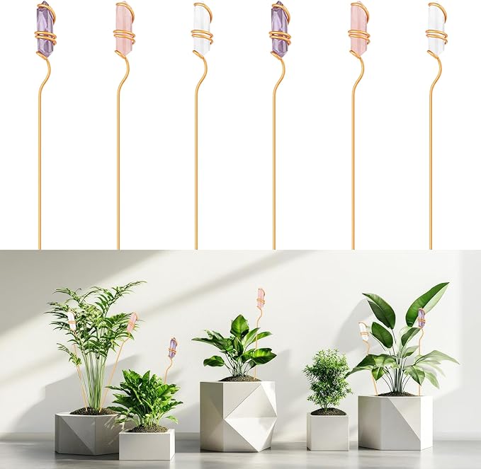 Threehoney 6 Pcs Crystal Plant Trellis for Potted Plants, 9.84'' Metal Plant Stakes with Natural Crystal Suncatcher, Indoor Outdoor Climbing Vegetation Support Stake for Home Garden Decor Gift