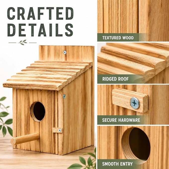 NATUREYLWL Wooden Bird House for Outside, Hanging Natural Wood Birdhouse with Perch, 1.57" Entrance & Side Clean-Out Door for Bluebirds, Wrens and Finches, Garden Decor