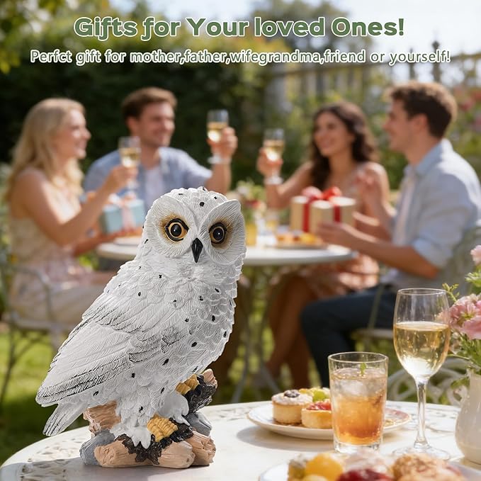 Solar Owl Garden Outdoor Statue,Owl Figurine Sculpture with LED Lights for Porch Patio Lawn Yard Deck Spring Decor - Mother's Day Housewarming Gift for Women Men Owl Lover(White)