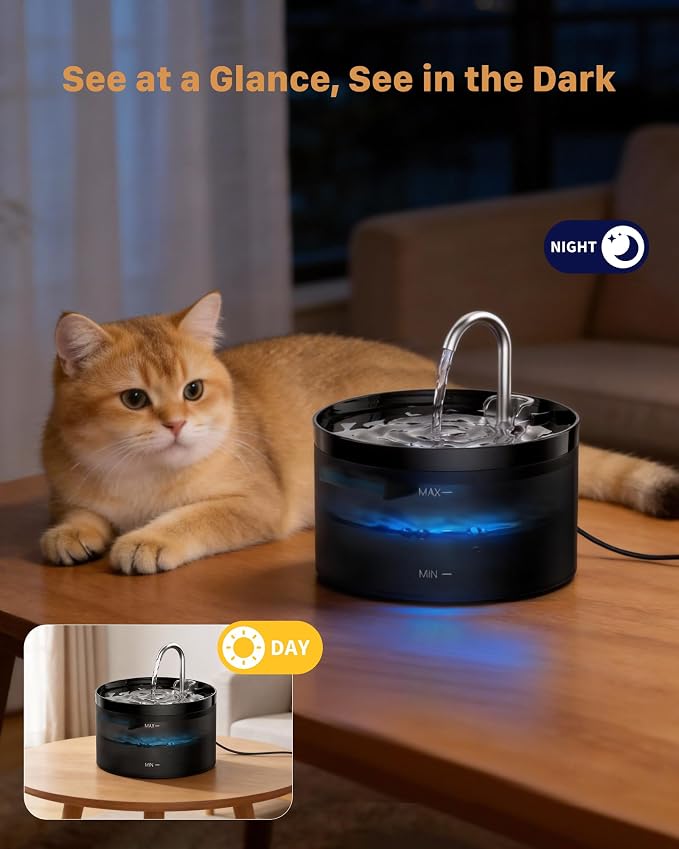 Cat Water Fountain Pet Fountain: 67oz/2L Cat Water Dispenser - Black Pet Dispenser - Faucet Dog Bowl - with 6 Filters + 3 Sponges - GIOTOHUN