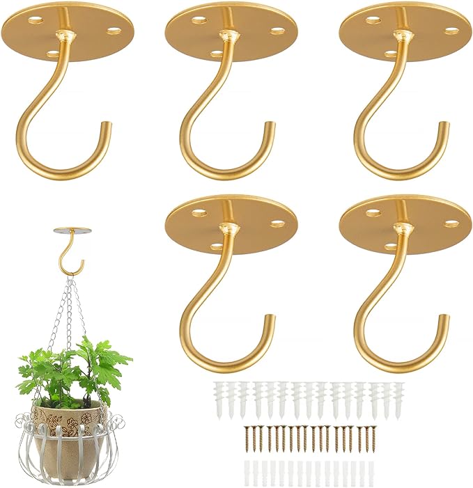 Ceiling Hooks for Hanging Plants-Metal Heavy Duty Wall Mounted Hangers for Hanging Bird Feeders, Planters, Wind Chimes, Include Professional Drywall Anchors (5 Pack) (Bright Gold)