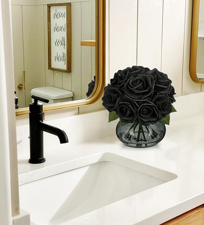 Hollyone Black Roses Artificial Flowers in Vase Silk Fake Rose Bouquet Flowers Floral Arrangements with Glass Vase with Faux Water for Home Bathroom Office Table Centerpiece Shelf Decorations
