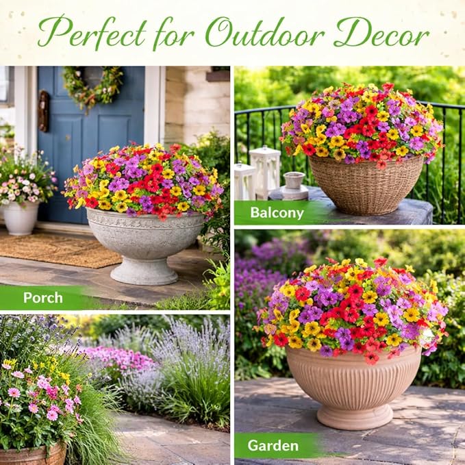 Artificial Flowers for Outdoors, 8 Bundles Faux Silk Spring Flowers for Outside for Planter Front Door Porch Yard Patio Window Box Home Decor (Colour 04-(Yellow+Pink+Rose red))