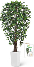 Aveyas 6ft Artificial Ficus Tree for Home Decor with White Pot, 6 Feet Faux Plant Fake Silk Trees for Indoor Outdoor House Living Room Office Garden (6 ft Tall Including Raised Pot)