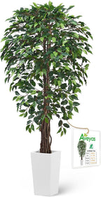 Aveyas 6ft Artificial Ficus Tree for Home Decor with White Pot, 6 Feet Faux Plant Fake Silk Trees for Indoor Outdoor House Living Room Office Garden (6 ft Tall Including Raised Pot)