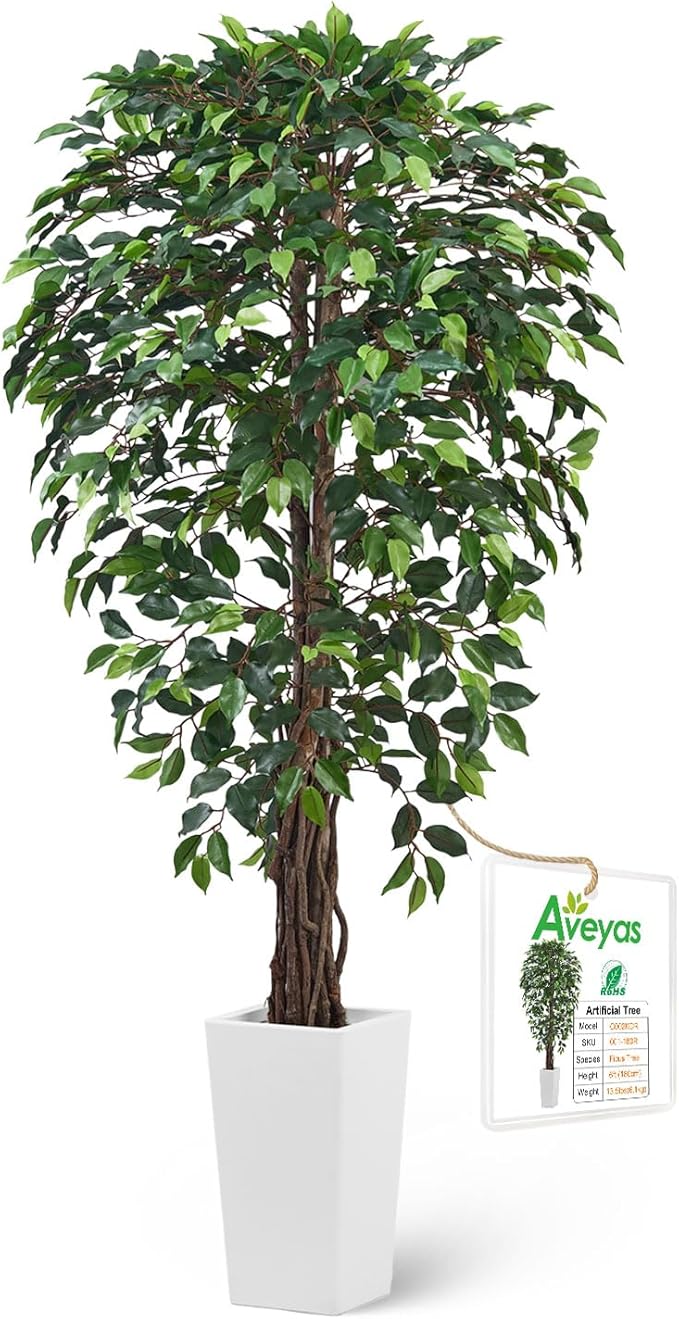 Aveyas 6ft Artificial Ficus Tree for Home Decor with White Pot, 6 Feet Faux Plant Fake Silk Trees for Indoor Outdoor House Living Room Office Garden (6 ft Tall Including Raised Pot)