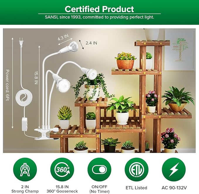 SANSI LED Grow Lights for Indoor Plants, 450W Full Spectrum Clip-on Gooseneck Grow Light with Ceramic Tech.,30W Plant Light with Optical Lens, Lifetime Free Bulbs Replacement White, No Timer