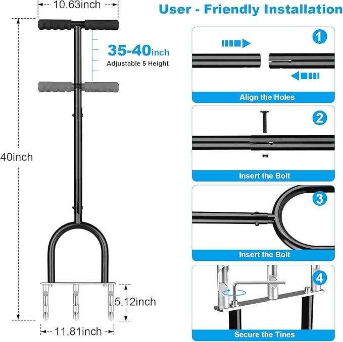 Manual Lawn Aerator Tool, Hollow Tines Plug Lawn Core Aerator, Heavy Duty Hand Soil Aerator Tool with Adjustable Handle, Grass Aeration Garden Tools for Lawn Care, Compacted Soil, Yard